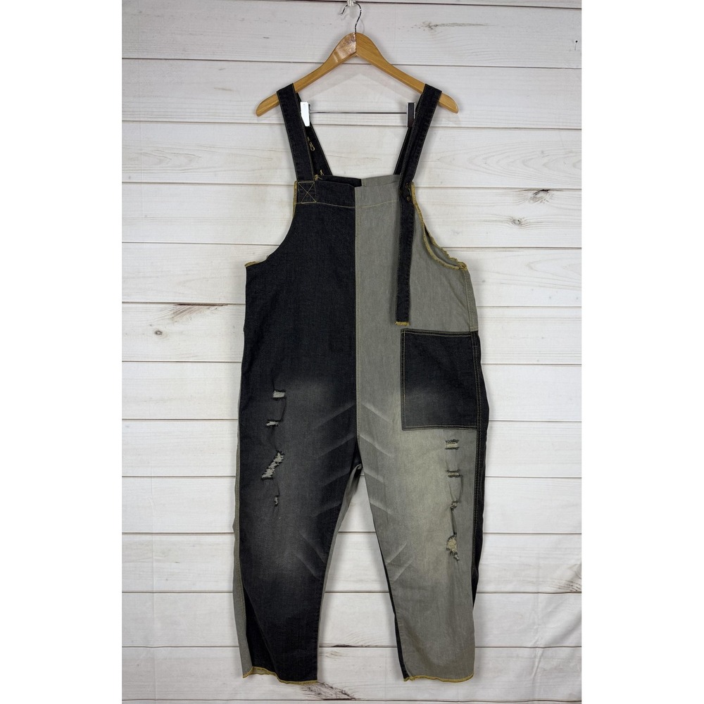 MONTHORIGIN Overalls Womens Large Colorblock Denim Ripped Relaxed Fit Cropped